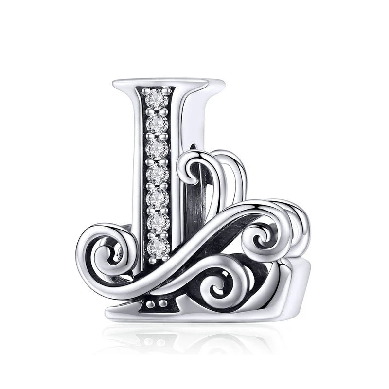BAMOER Classic 925 Sterling Silver Letter Vintage A to Z 26 Letter Charms Openwork CZ Alphabet Beads Fit Charm Bracelet BSC030