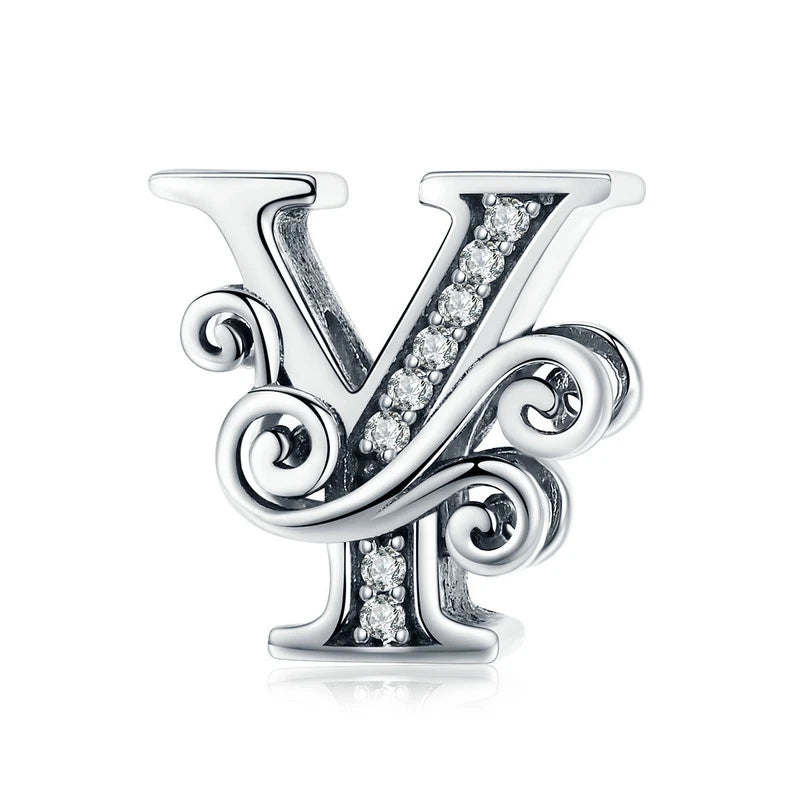 BAMOER Classic 925 Sterling Silver Letter Vintage A to Z 26 Letter Charms Openwork CZ Alphabet Beads Fit Charm Bracelet BSC030