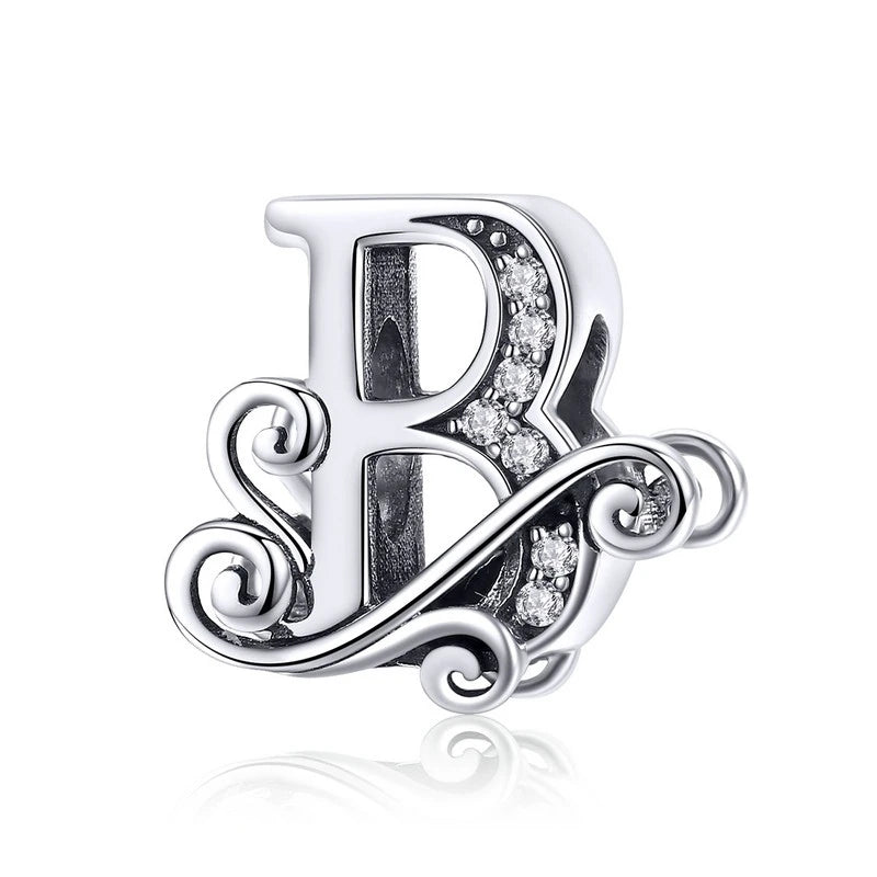 BAMOER Classic 925 Sterling Silver Letter Vintage A to Z 26 Letter Charms Openwork CZ Alphabet Beads Fit Charm Bracelet BSC030