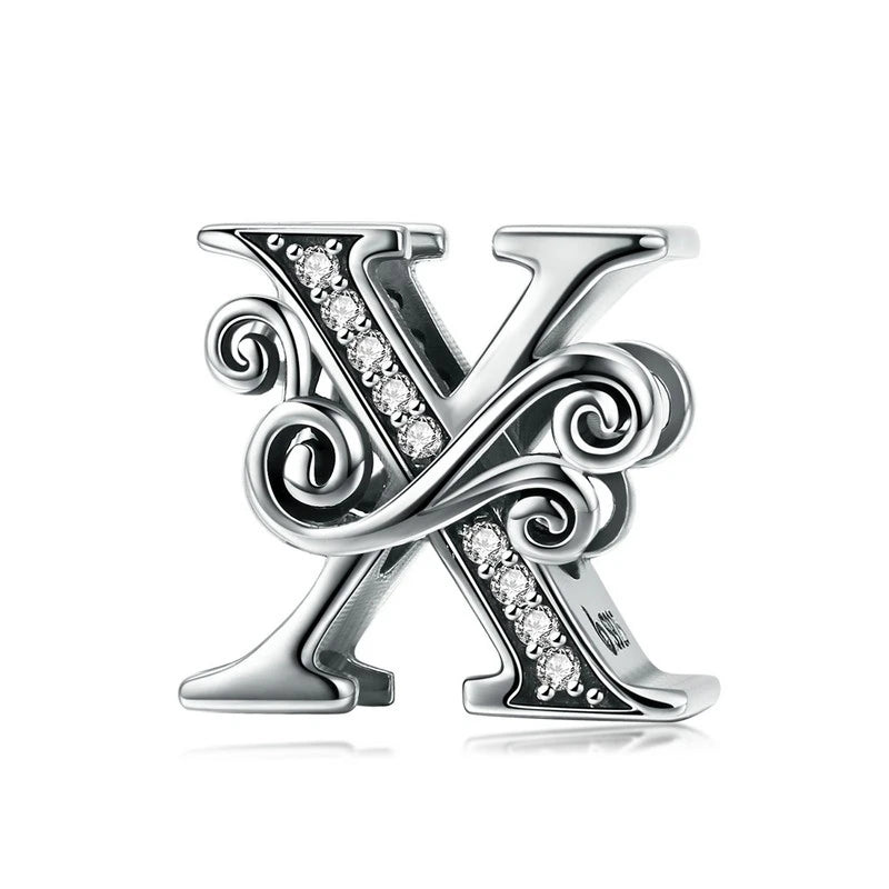 BAMOER Classic 925 Sterling Silver Letter Vintage A to Z 26 Letter Charms Openwork CZ Alphabet Beads Fit Charm Bracelet BSC030