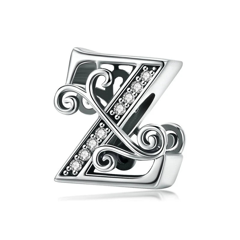 BAMOER Classic 925 Sterling Silver Letter Vintage A to Z 26 Letter Charms Openwork CZ Alphabet Beads Fit Charm Bracelet BSC030
