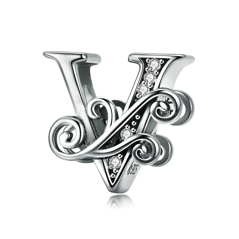 BAMOER Classic 925 Sterling Silver Letter Vintage A to Z 26 Letter Charms Openwork CZ Alphabet Beads Fit Charm Bracelet BSC030