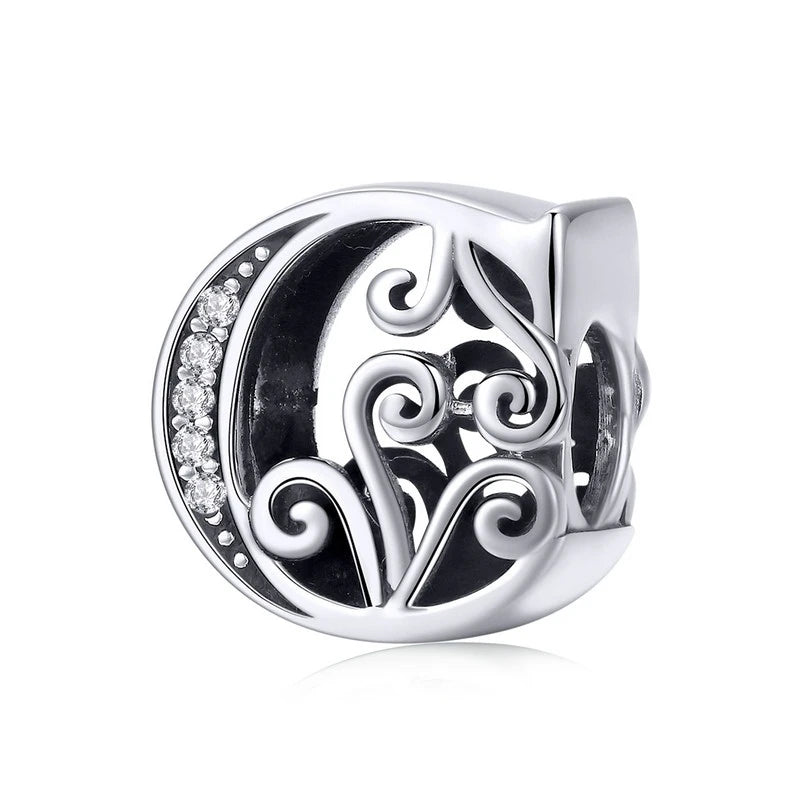 BAMOER Classic 925 Sterling Silver Letter Vintage A to Z 26 Letter Charms Openwork CZ Alphabet Beads Fit Charm Bracelet BSC030