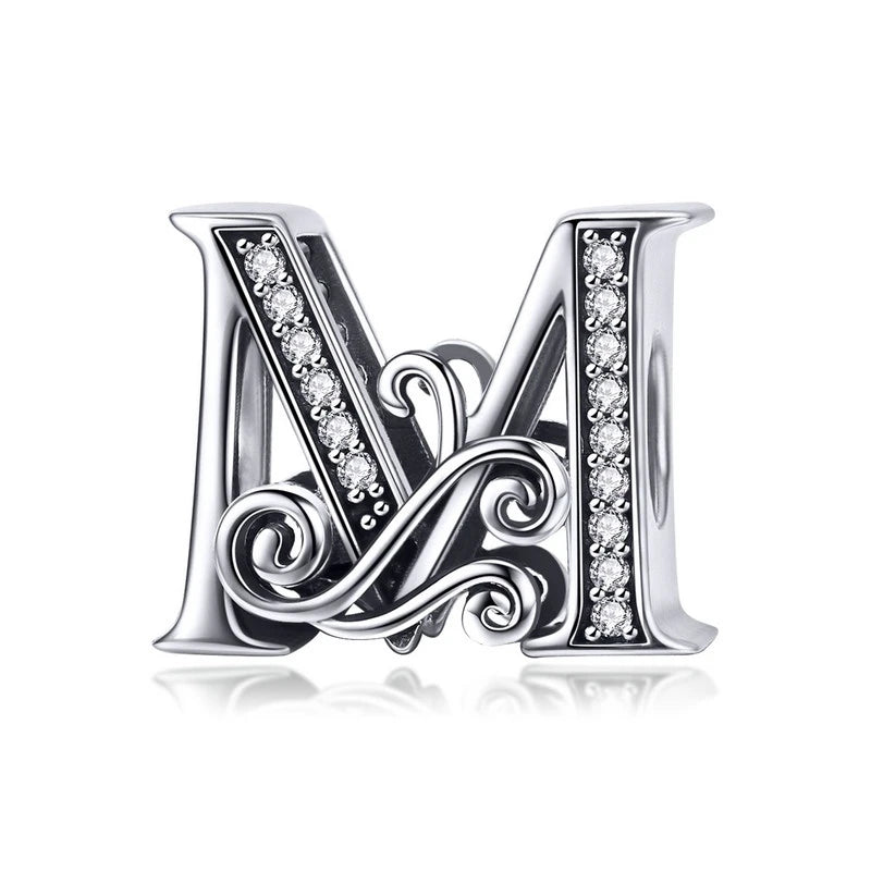 BAMOER Classic 925 Sterling Silver Letter Vintage A to Z 26 Letter Charms Openwork CZ Alphabet Beads Fit Charm Bracelet BSC030