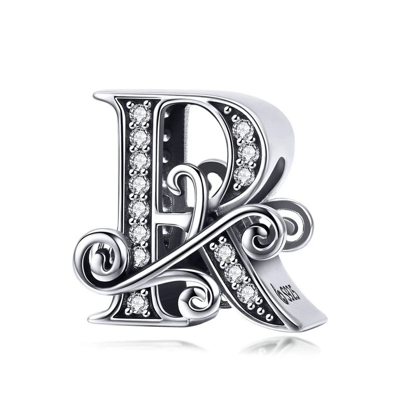 BAMOER Classic 925 Sterling Silver Letter Vintage A to Z 26 Letter Charms Openwork CZ Alphabet Beads Fit Charm Bracelet BSC030