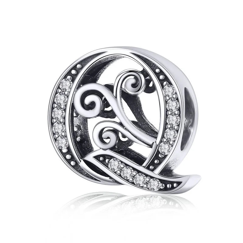 BAMOER Classic 925 Sterling Silver Letter Vintage A to Z 26 Letter Charms Openwork CZ Alphabet Beads Fit Charm Bracelet BSC030