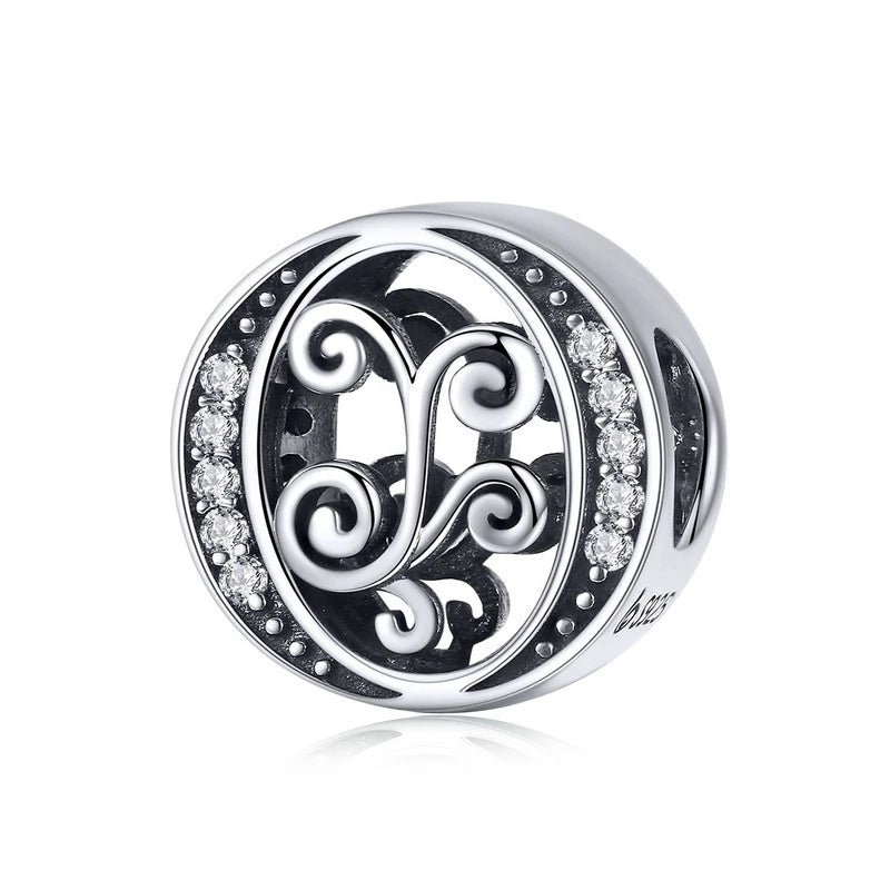 BAMOER Classic 925 Sterling Silver Letter Vintage A to Z 26 Letter Charms Openwork CZ Alphabet Beads Fit Charm Bracelet BSC030