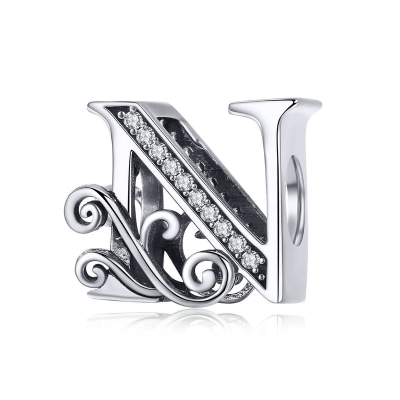 BAMOER Classic 925 Sterling Silver Letter Vintage A to Z 26 Letter Charms Openwork CZ Alphabet Beads Fit Charm Bracelet BSC030