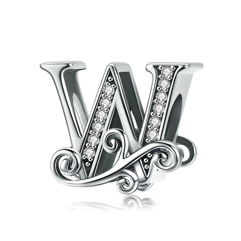 BAMOER Classic 925 Sterling Silver Letter Vintage A to Z 26 Letter Charms Openwork CZ Alphabet Beads Fit Charm Bracelet BSC030