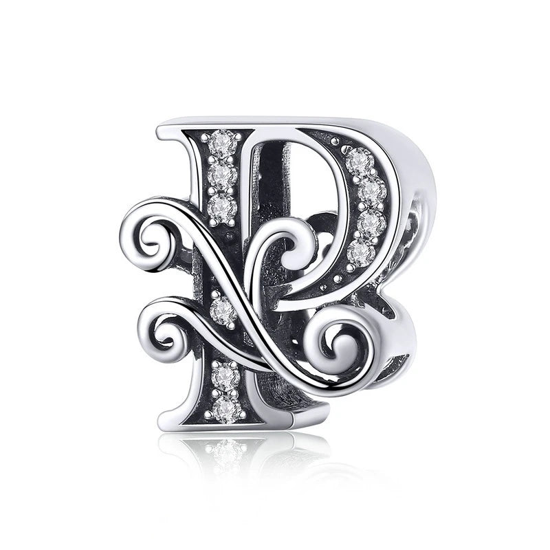 BAMOER Classic 925 Sterling Silver Letter Vintage A to Z 26 Letter Charms Openwork CZ Alphabet Beads Fit Charm Bracelet BSC030