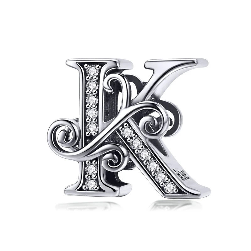 BAMOER Classic 925 Sterling Silver Letter Vintage A to Z 26 Letter Charms Openwork CZ Alphabet Beads Fit Charm Bracelet BSC030
