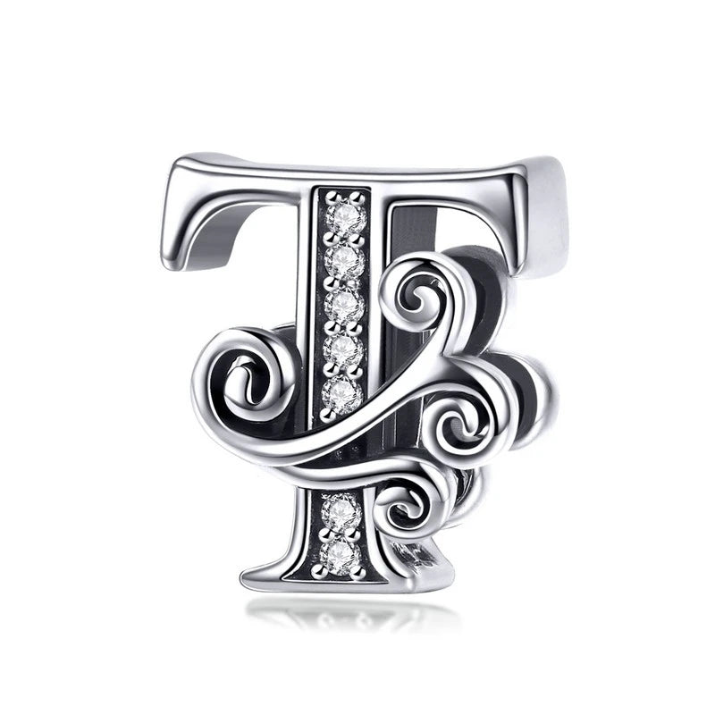 BAMOER Classic 925 Sterling Silver Letter Vintage A to Z 26 Letter Charms Openwork CZ Alphabet Beads Fit Charm Bracelet BSC030