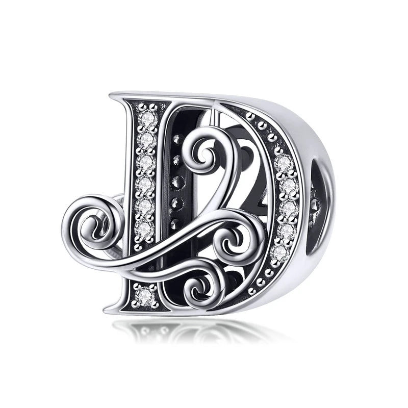 BAMOER Classic 925 Sterling Silver Letter Vintage A to Z 26 Letter Charms Openwork CZ Alphabet Beads Fit Charm Bracelet BSC030