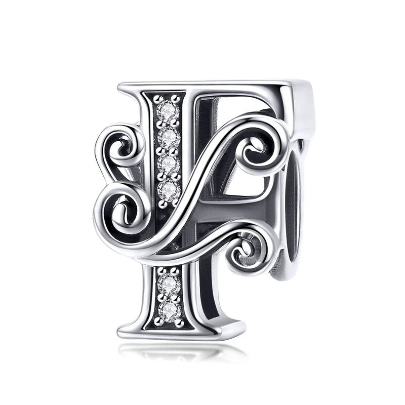 BAMOER Classic 925 Sterling Silver Letter Vintage A to Z 26 Letter Charms Openwork CZ Alphabet Beads Fit Charm Bracelet BSC030