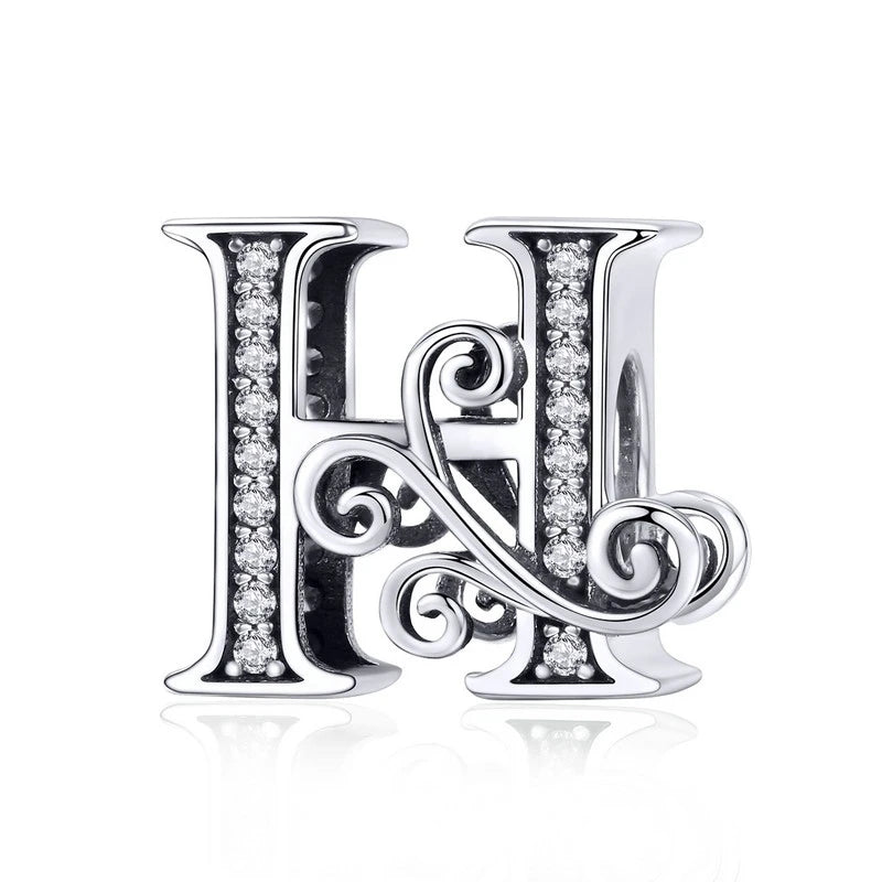 BAMOER Classic 925 Sterling Silver Letter Vintage A to Z 26 Letter Charms Openwork CZ Alphabet Beads Fit Charm Bracelet BSC030