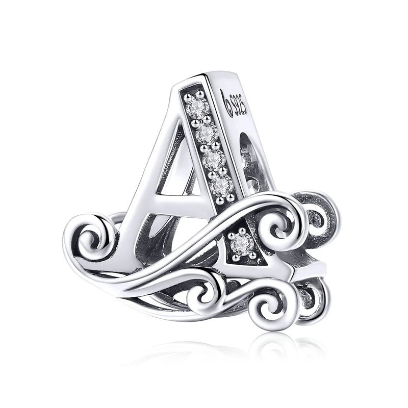 BAMOER Classic 925 Sterling Silver Letter Vintage A to Z 26 Letter Charms Openwork CZ Alphabet Beads Fit Charm Bracelet BSC030