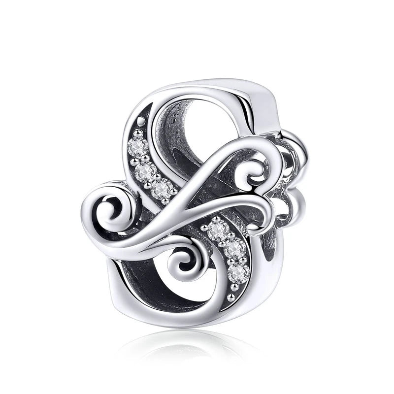 BAMOER Classic 925 Sterling Silver Letter Vintage A to Z 26 Letter Charms Openwork CZ Alphabet Beads Fit Charm Bracelet BSC030