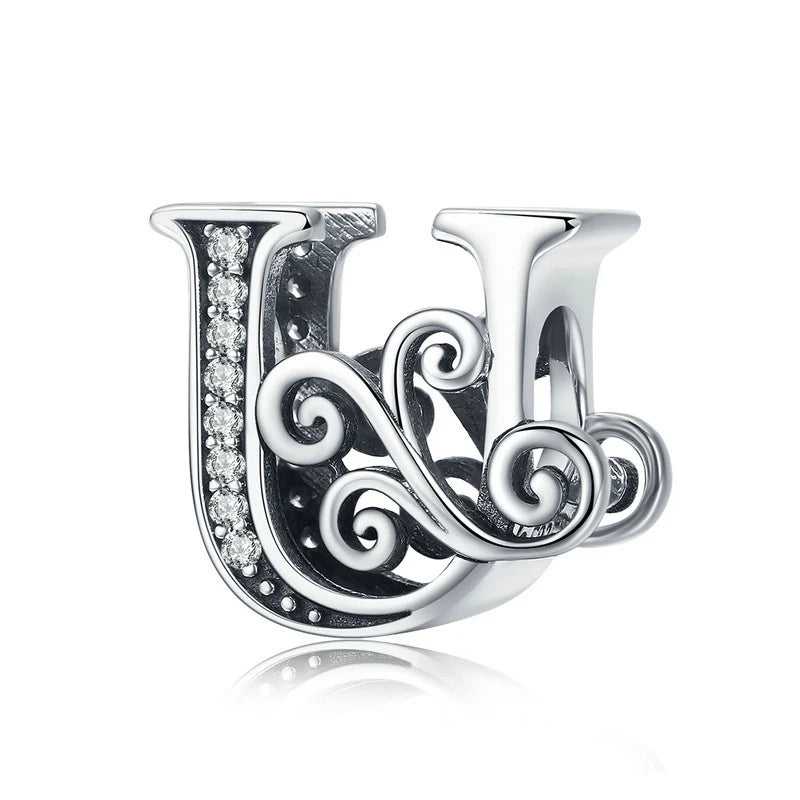 BAMOER Classic 925 Sterling Silver Letter Vintage A to Z 26 Letter Charms Openwork CZ Alphabet Beads Fit Charm Bracelet BSC030