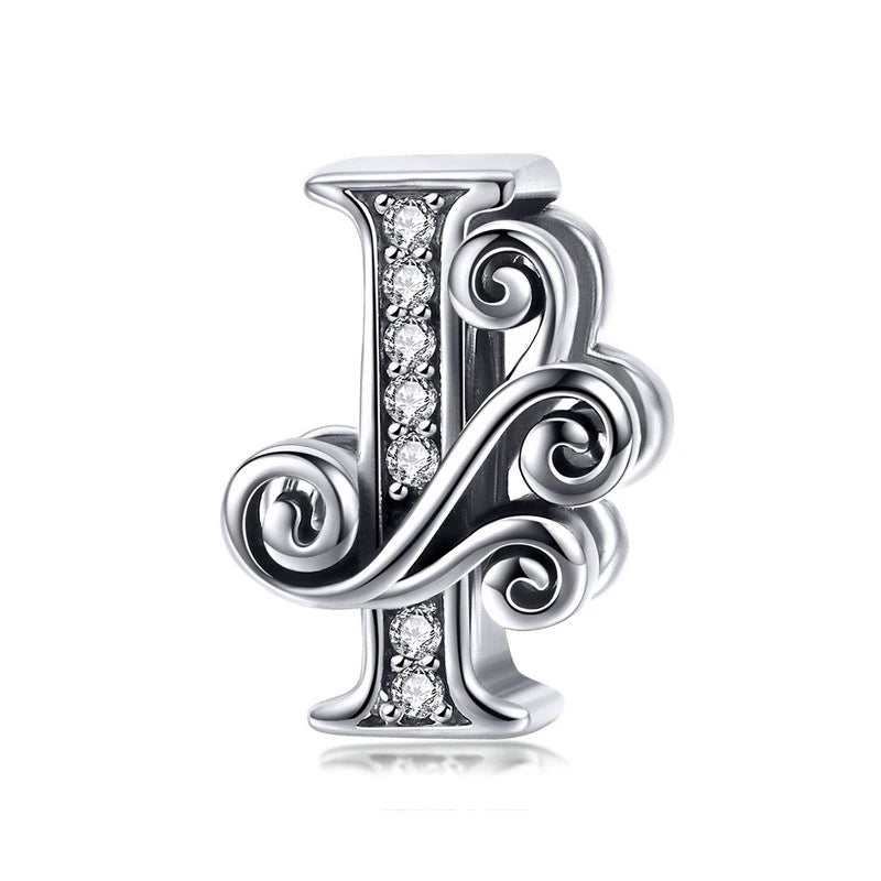 BAMOER Classic 925 Sterling Silver Letter Vintage A to Z 26 Letter Charms Openwork CZ Alphabet Beads Fit Charm Bracelet BSC030