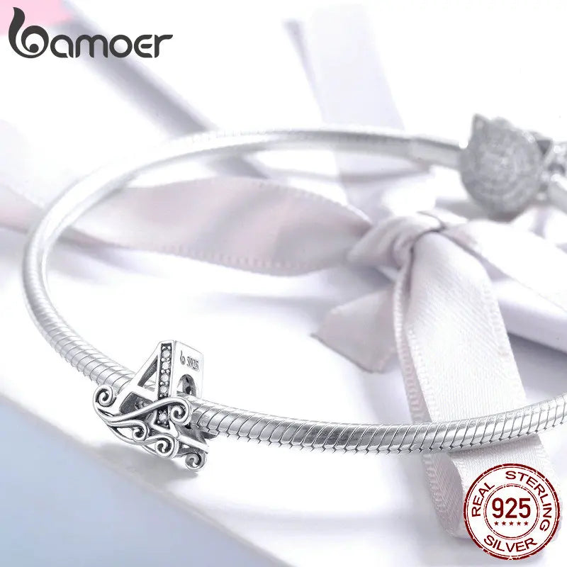 BAMOER Classic 925 Sterling Silver Letter Vintage A to Z 26 Letter Charms Openwork CZ Alphabet Beads Fit Charm Bracelet BSC030