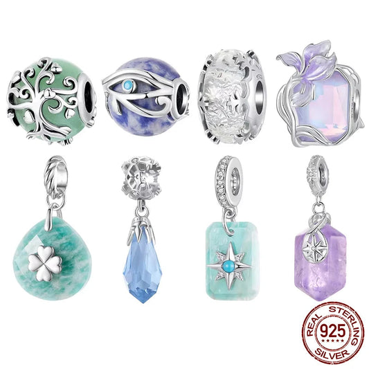 Bamoer 925 Sterling Silver Four Leaf Clover Dangle Charm Bead for Bracelet Eye of Horus Lucky Crystal Stone Pendant DIY Gift