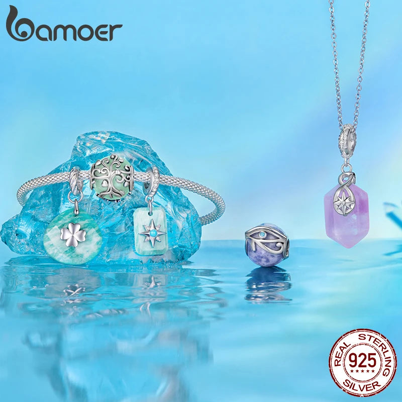 Bamoer 925 Sterling Silver Four Leaf Clover Dangle Charm Bead for Bracelet Eye of Horus Lucky Crystal Stone Pendant DIY Gift