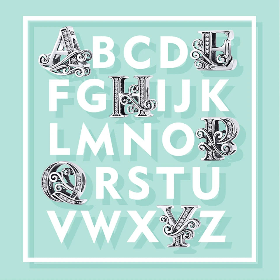 BAMOER Classic 925 Sterling Silver Letter Vintage A to Z 26 Letter Charms Openwork CZ Alphabet Beads Fit Charm Bracelet BSC030