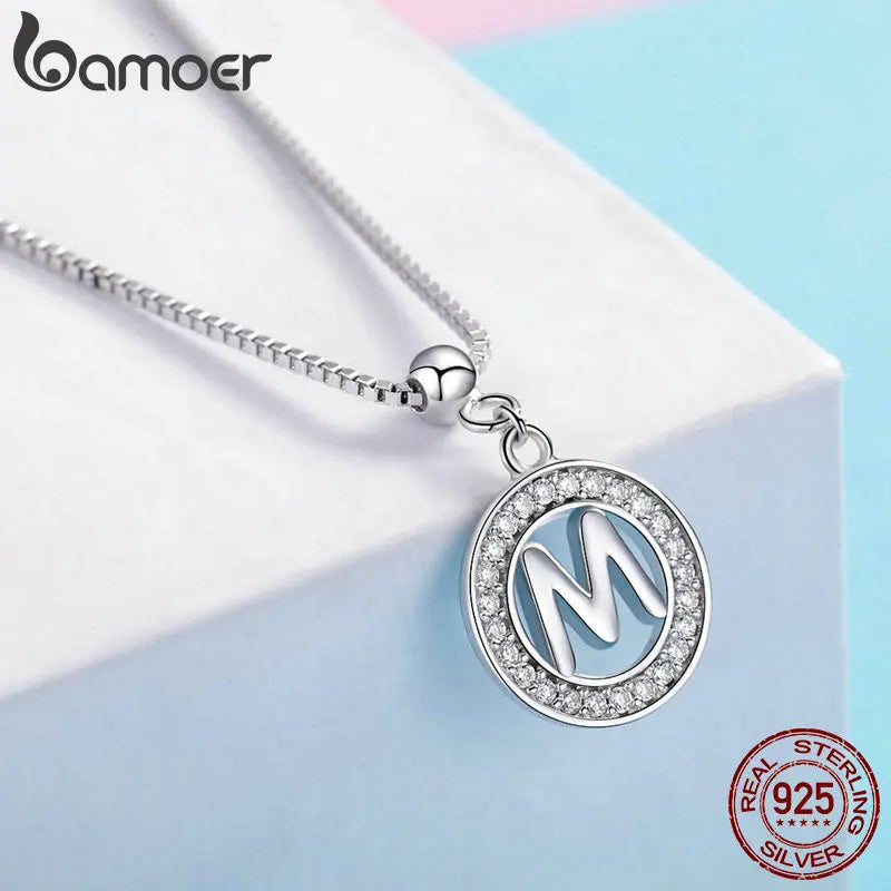 BAMOER 925 Sterling Silver Vintage Letter A to Z Initial M S K Alphabet Pendant Long Chain Necklace Fine Jewelry