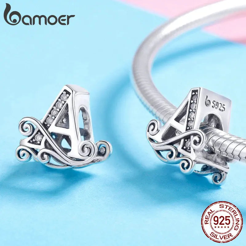 BAMOER Classic 925 Sterling Silver Letter Vintage A to Z 26 Letter Charms Openwork CZ Alphabet Beads Fit Charm Bracelet BSC030