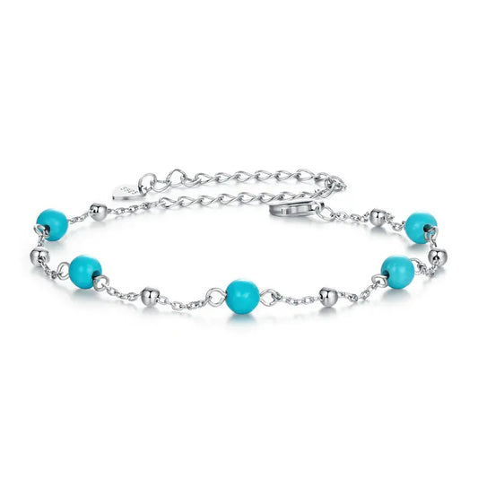 925 Sterling Silver Turquoise Beaded Bracelet Link Chain, White Gold Plated Dainty Handmade Jewelry Present for Women