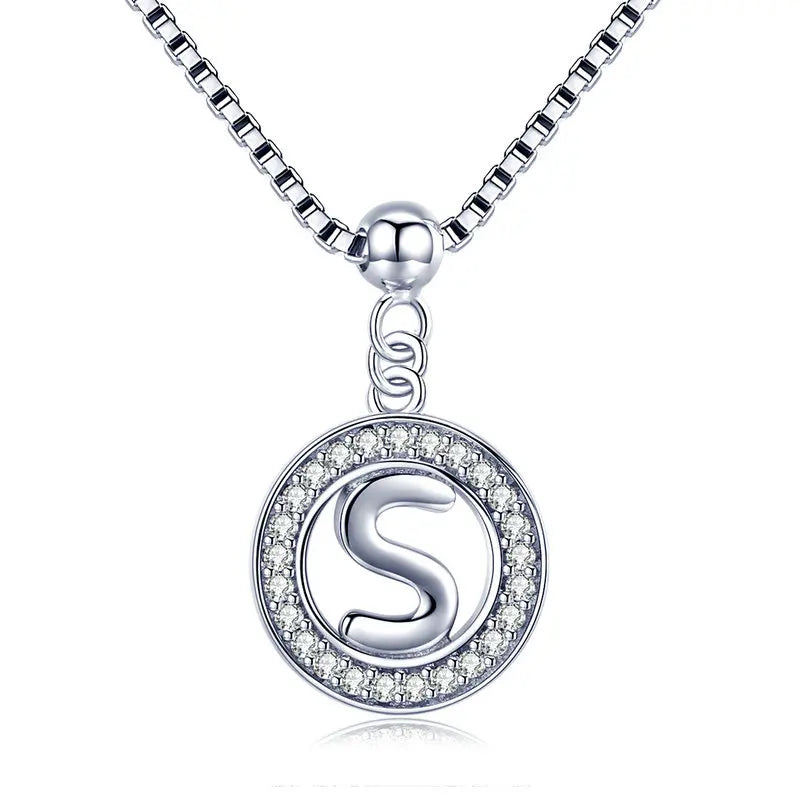 BAMOER 925 Sterling Silver Vintage Letter A to Z Initial M S K Alphabet Pendant Long Chain Necklace Fine Jewelry
