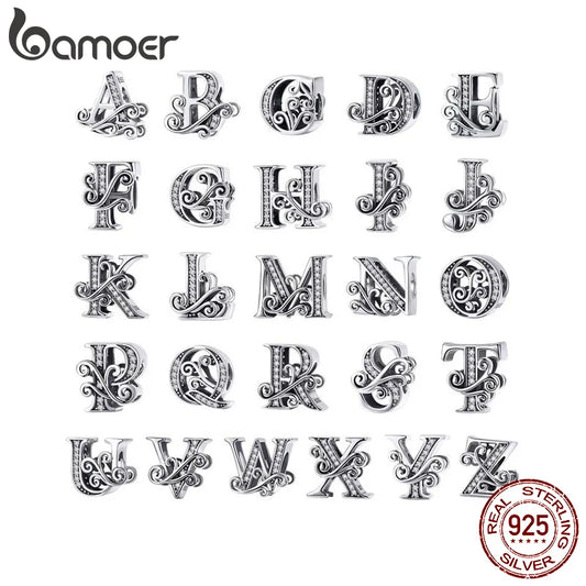 BAMOER Classic 925 Sterling Silver Letter Vintage A to Z 26 Letter Charms Openwork CZ Alphabet Beads Fit Charm Bracelet BSC030