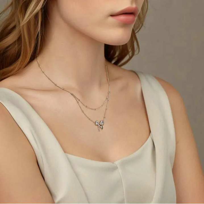 BAMOER Dazzling Bow Necklace for Women Girl, 925 Sterling Silver Bowknot Choker Necklace White Gold Plated Birthday Jewelry Gift