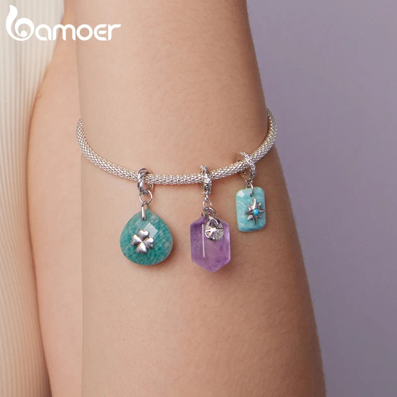 Bamoer 925 Sterling Silver Four Leaf Clover Dangle Charm Bead for Bracelet Eye of Horus Lucky Crystal Stone Pendant DIY Gift