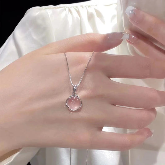 925 Sterling Silver Round Pendant Necklace with Pink Crystal Elegant Choker Wedding Jewelry Luxury Gift for Women Birthday