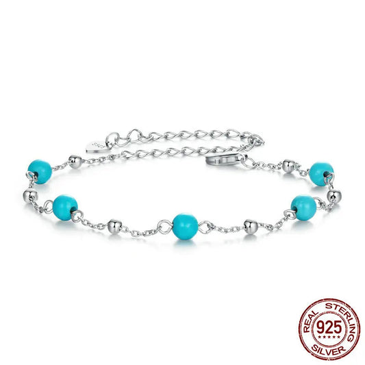 925 Sterling Silver Turquoise Beaded Bracelet Link Chain, White Gold Plated Dainty Handmade Jewelry Present for Women