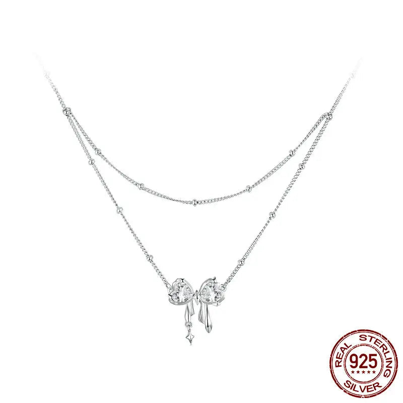 BAMOER Dazzling Bow Necklace for Women Girl, 925 Sterling Silver Bowknot Choker Necklace White Gold Plated Birthday Jewelry Gift