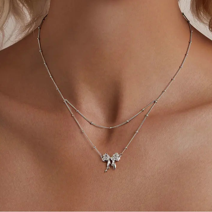 BAMOER Dazzling Bow Necklace for Women Girl, 925 Sterling Silver Bowknot Choker Necklace White Gold Plated Birthday Jewelry Gift