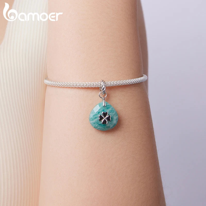 Bamoer 925 Sterling Silver Four Leaf Clover Dangle Charm Bead for Bracelet Eye of Horus Lucky Crystal Stone Pendant DIY Gift