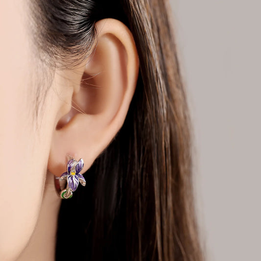 925 Sterling Silver Beautiful Purple Flowers Earrings Jewelry