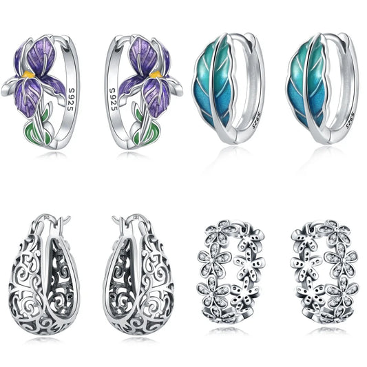 925 Sterling Silver Beautiful Purple Flowers Earrings Jewelry