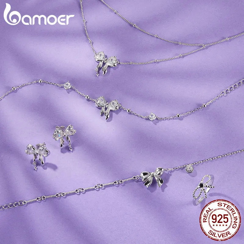 BAMOER Dazzling Bow Necklace for Women Girl, 925 Sterling Silver Bowknot Choker Necklace White Gold Plated Birthday Jewelry Gift