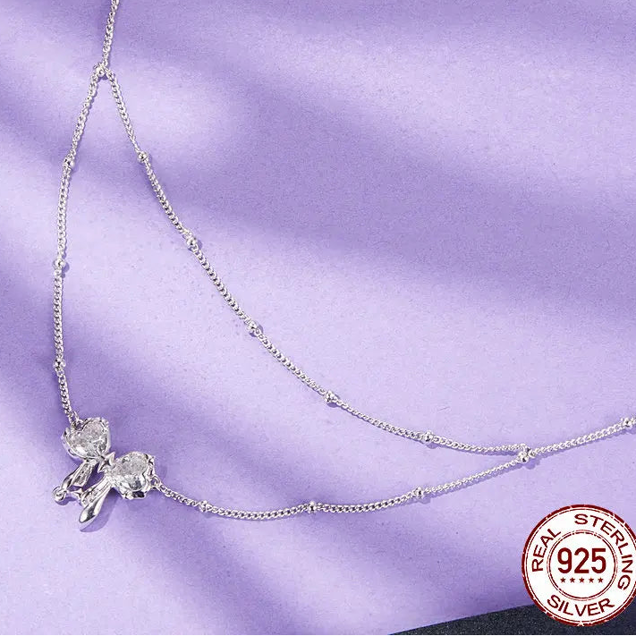 BAMOER Dazzling Bow Necklace for Women Girl, 925 Sterling Silver Bowknot Choker Necklace White Gold Plated Birthday Jewelry Gift