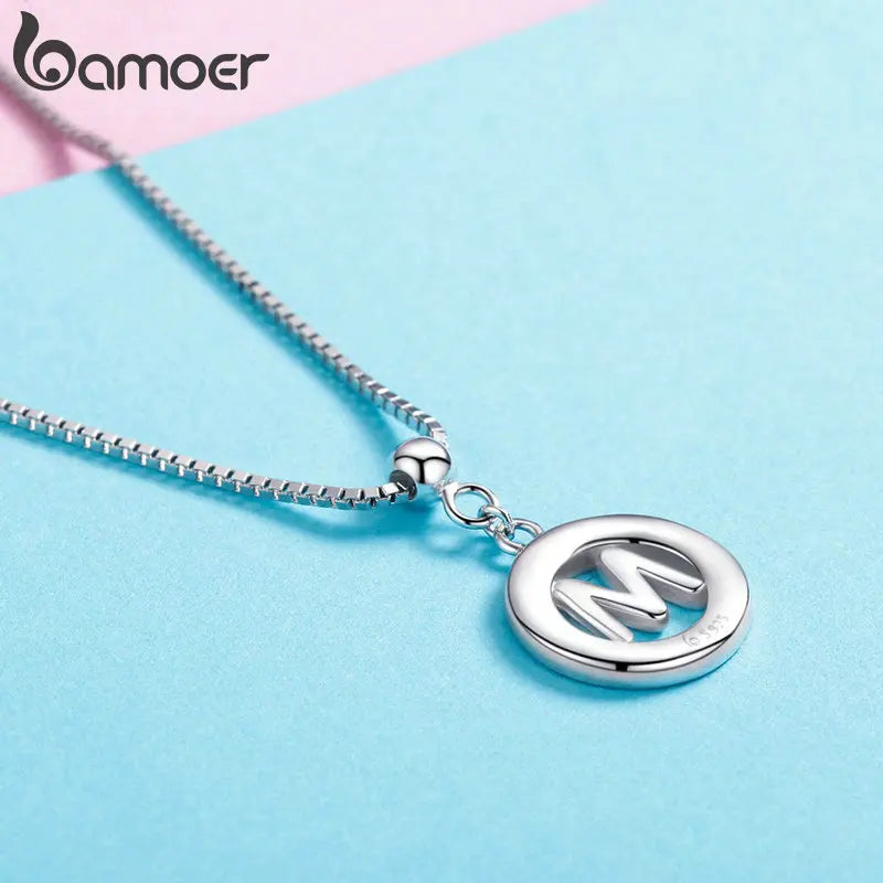 BAMOER 925 Sterling Silver Vintage Letter A to Z Initial M S K Alphabet Pendant Long Chain Necklace Fine Jewelry