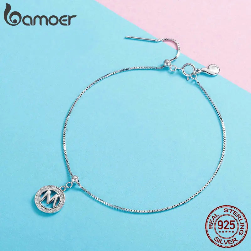 BAMOER 925 Sterling Silver Vintage Letter A to Z Initial M S K Alphabet Pendant Long Chain Necklace Fine Jewelry
